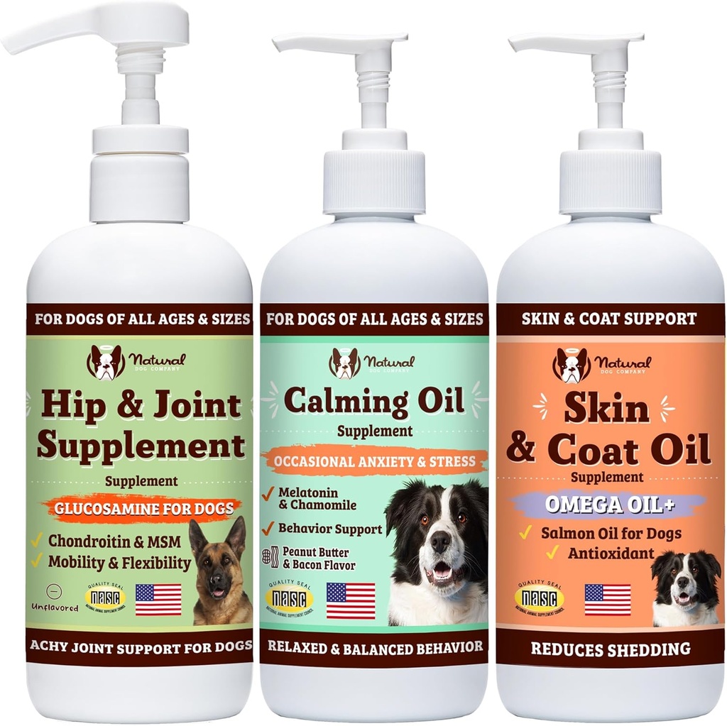Natural Dog Company Wellness Bund$le pour les chiens, Toppers alimentaires, suppléments liquides avec (1) huile de peau et de manteau, (1) glucosamine liquide, (1) huile calmante