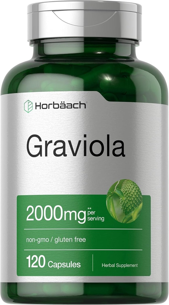 Horbäach Graviola Capsules $ 2000 mg $ 120 Count $ Non-OGM, sans gluten $ Sourisop (Annona Muricata)