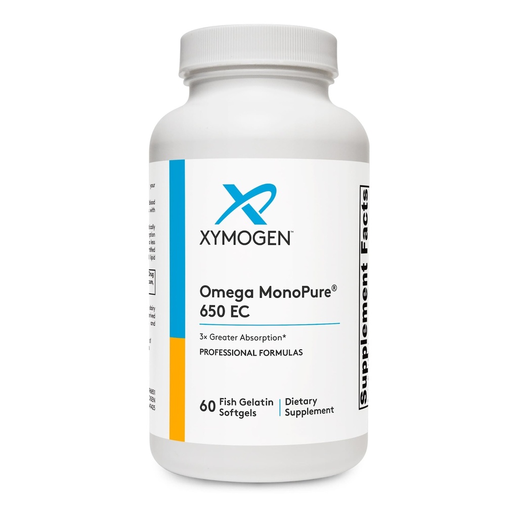 XYMOGEN Omega MonoPure 650 EC - Suppléments d'huile de poisson Omega-3 pour les femmes et les hommes - avec EPA, DHA et DPA - Plus petits softgels avec 3X plus d'absorption - Soutenir un cœur et une cognition sains (60 softgels)