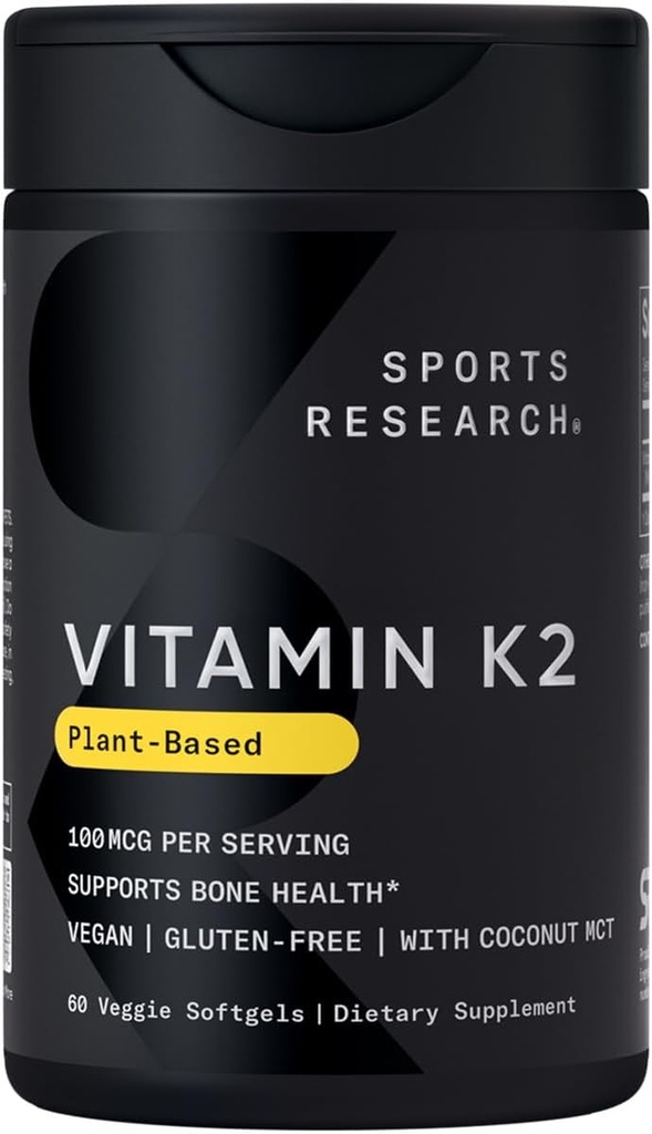 Sport Research® vitamine K2 comme MK-7 100mcg avec huile de noix de coco MCT - 60 softgels veggie (2 mois d'approvisionnement) Vegan certifié, non-OGM vérifié, sans gluten et sans soja