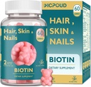 Peau et ongles de cheveux Biotin Gummies, soutient cheveux, peau et ongles sains, Vitamines végétaliennes pour les femmes et les hommes, soutient la croissance des cheveux et des ongles plus forts, peau saine, 30 jours d'approvisionnement
