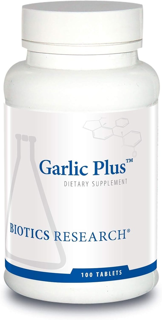 Recherche en biotique Ail Plus concentré d'ail pur Plus vitamine C et chlorophyllines, soutient la santé cardiovasculaire, fonction immunitaire, puissant antioxydant 100 comprimés