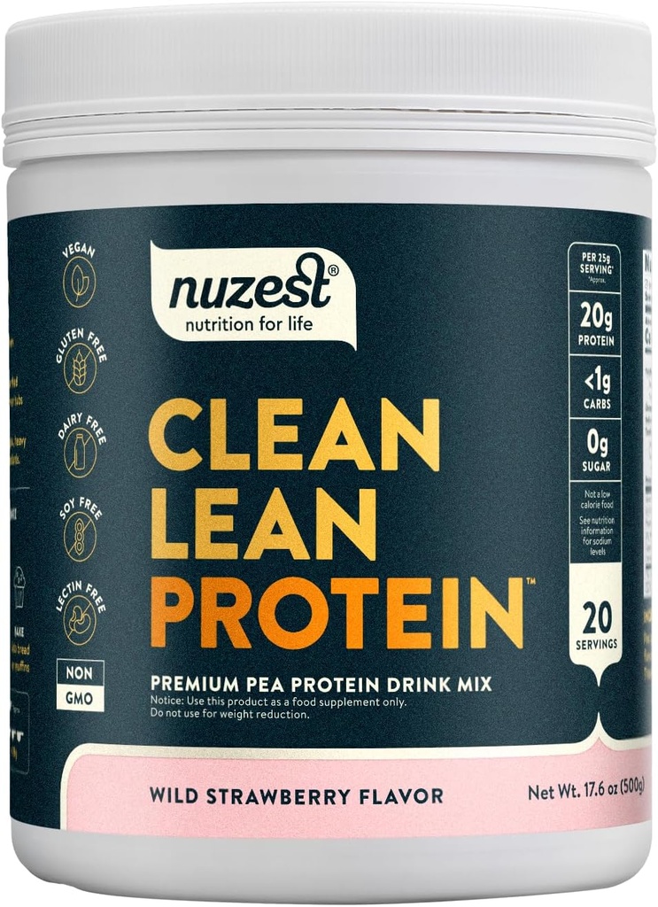 Nuzest - Poudre de protéines de pois - Protéines propres, Poudre de protéines à base végétale premium, Sans lait, Sans gluten, Sans OGM, Agrouillage de protéines (1,1 livre (paquet de 1), Fraise sauvage)