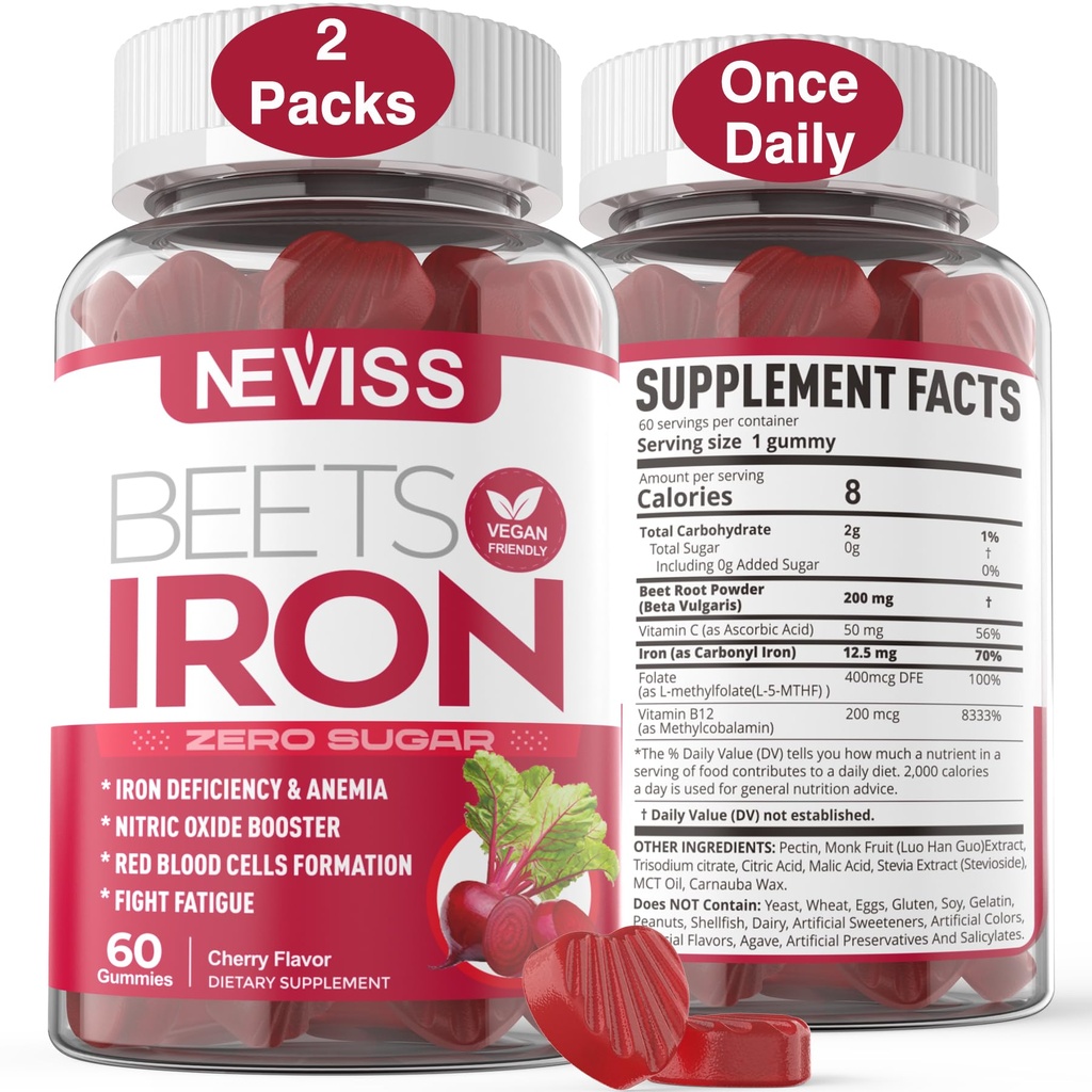 Gommies de racines de betteraves avec fer, méthyle B12, folate, vitamine C - Augmenter l'oxyde nitrique et les niveaux de fer, soutien énergétique, lutte contre la fatigue, betterave et supplément en fer doux, sans sucre, 120 comte