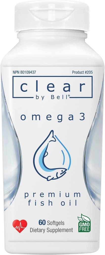 Bell Clear Pure Omega 3 suppléments d'huile de poisson, 2000 mg par portion - sans Burp Premium, propre et clair, sans goût de poisson et sans répétitions (bourps), sans cholestérol, sans OGM et sans allergène, 60 softgels