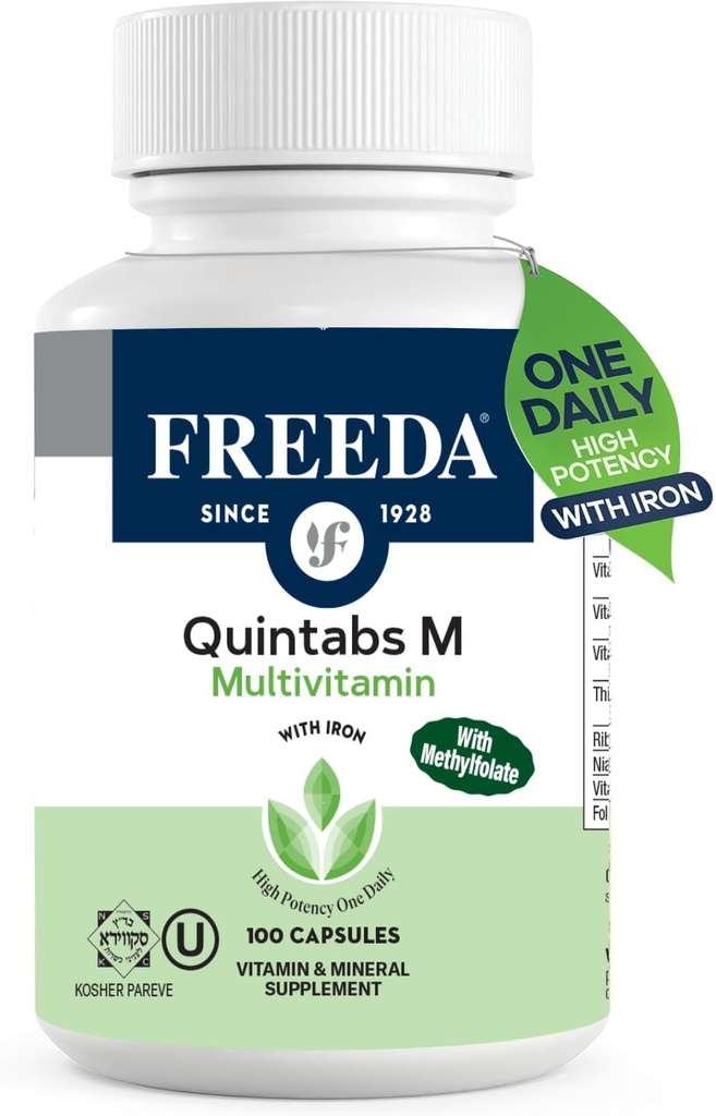 FREADA Multivitamine – Quintabs-M avec Fer – Suppléments Casher Multivitamines pour la santé des femmes - Multivitamines pour les femmes et les hommes déficients en fer Vitamines adultes Multivitamine (100)