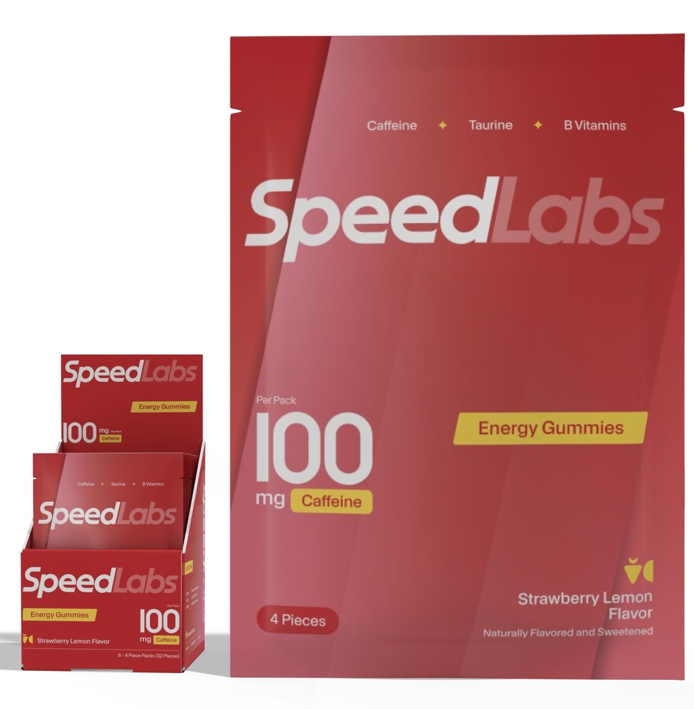 Speed Labs Caféine Énergie Gommies Fraise Citron Naturel, 25mg Caféine, Taurine, B-Vitamines par pièce, 32 Pièces (8 Packs) Vegan, Sans gluten, 1g Sucre ajouté