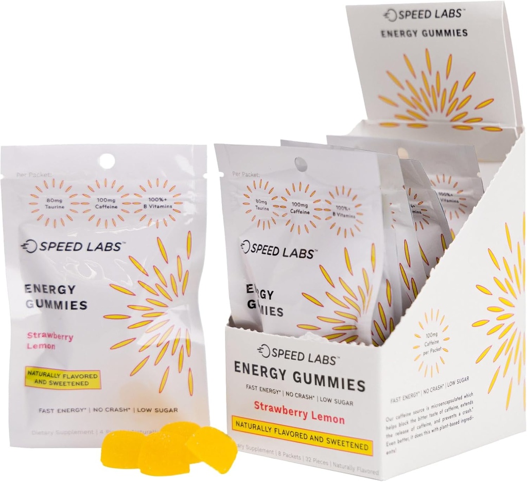 Speed Labs Caféine Énergie Gommies Fraise Citron Naturel, 25mg Caféine, Taurine, B-Vitamines par pièce, 32 Pièces (8 Packs) Vegan, Sans gluten, 1g Sucre ajouté