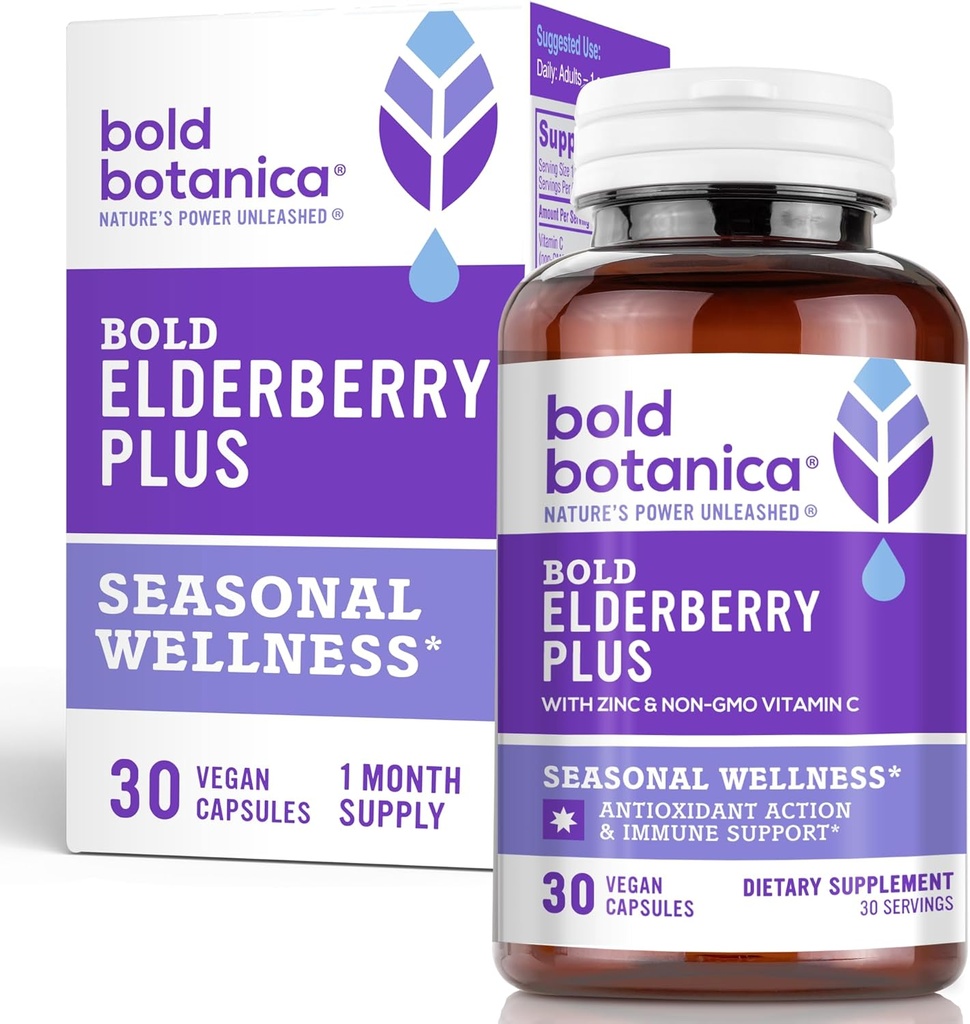 Bold Botanica Elderberry Plus - 65x Extrait de mûrier noir concentré avec du zinc et de la vitamine C pour le soutien immunitaire quotidien et le bien-être saisonnier - Non-OGM, 30 capsules végétaliennes