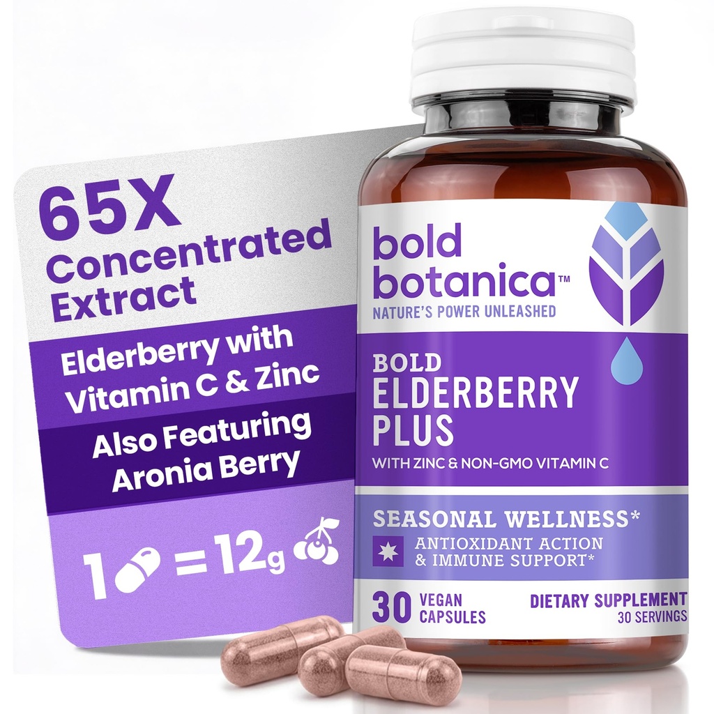 Bold Botanica Elderberry Plus - 65x Extrait de mûrier noir concentré avec du zinc et de la vitamine C pour le soutien immunitaire quotidien et le bien-être saisonnier - Non-OGM, 30 capsules végétaliennes