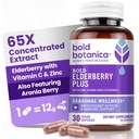Bold Botanica Elderberry Plus – 65x Concentrated Black Elderberry Capsules with Vitamin C and Zinc for Adults for Daily Immune Support Supplement & Seasonal Wellness, Non-GMO – 30 Vegan Capsules