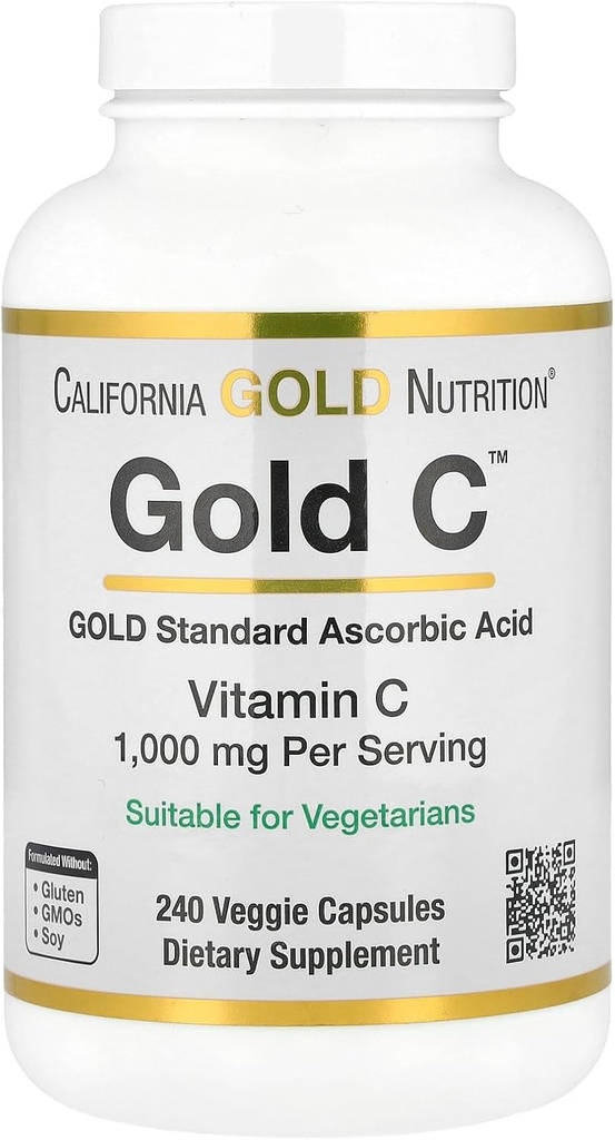 California Gold Nutrition Gold C USP Grade Vitamine C Supplément - Immune Support & Saisonnier Wellness - Végétarien Friendly - Sans gluten, sans OGM - 1000 mg - 240 Capsules de Veggie