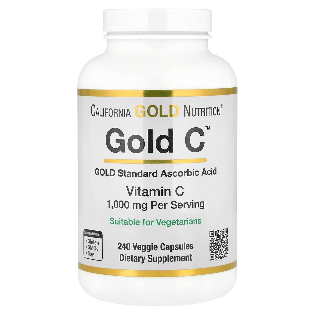 California Gold Nutrition Gold C USP Grade Vitamine C Supplément - Immune Support & Saisonnier Wellness - Végétarien Friendly - Sans gluten, sans OGM - 1000 mg - 240 Capsules de Veggie