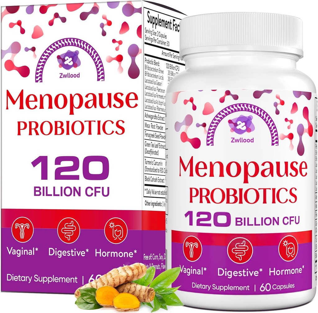 Suppléments à la ménopause pour les femmes, 120 milliards d'UFC Probiotiques à la ménopause pour les femmes, Probiotique tout naturel pour les éclairs chauds Ménopause, Sucres nocturnes, Swings d'humeur, Gut et Hormone - 60 capsules à base de plantes