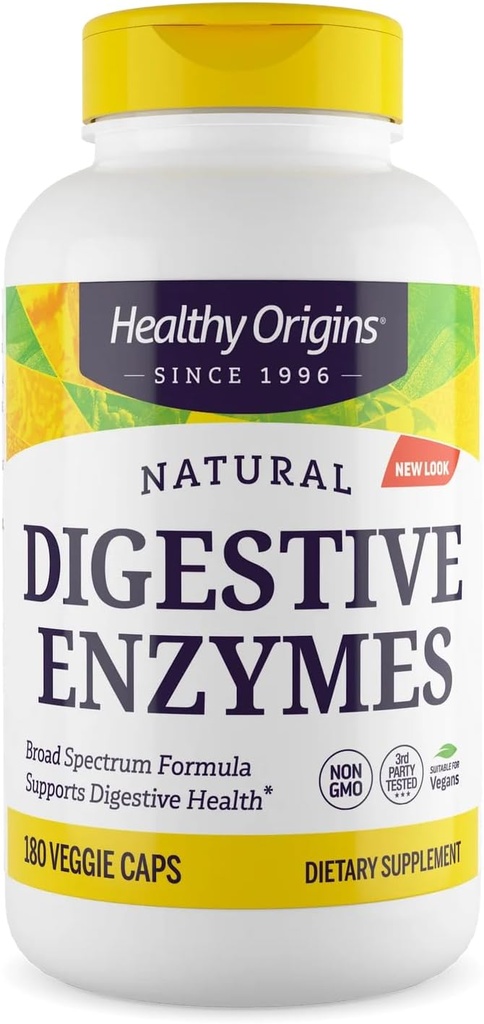 Origines saines Enzymes digestifs (spectre large, non OGM, sans gluten, support digestif), 180 capsules de légumes