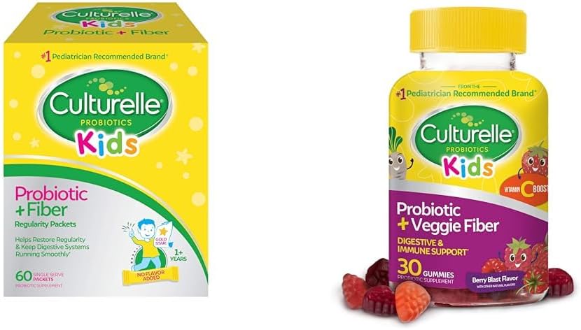 Culturelle Kids Probiotic + Fiber Packets (Age 3+) - 60 Compte et probiotique quotidien pour les enfants + Gommies de fibre veggie (Age 3+) - 30 Compte - Santé digestive et soutien immunitaire Berry Flavor avec une vitamine C