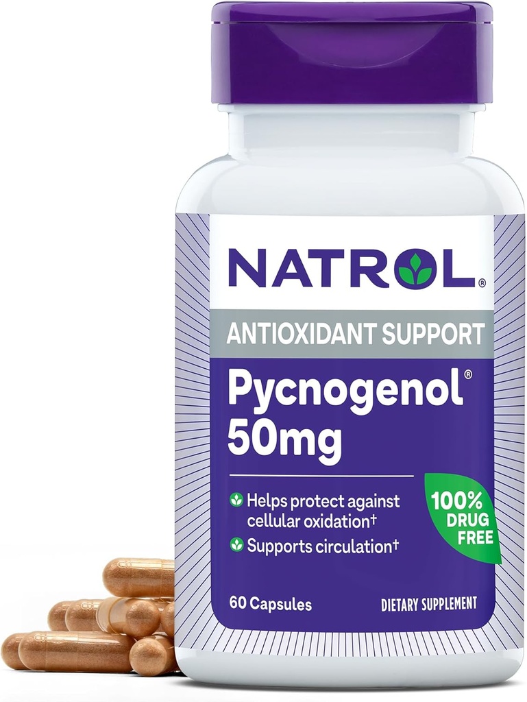 Natrol Pycnogenol Capsules, Antioxydant Protection, Supplément protège contre l'oxydation cellulaire et les dommages liés à l'âge, Extrait d'écorce de pin Maritime européenne, supporte la circulation, 50 mg, 60 Compte