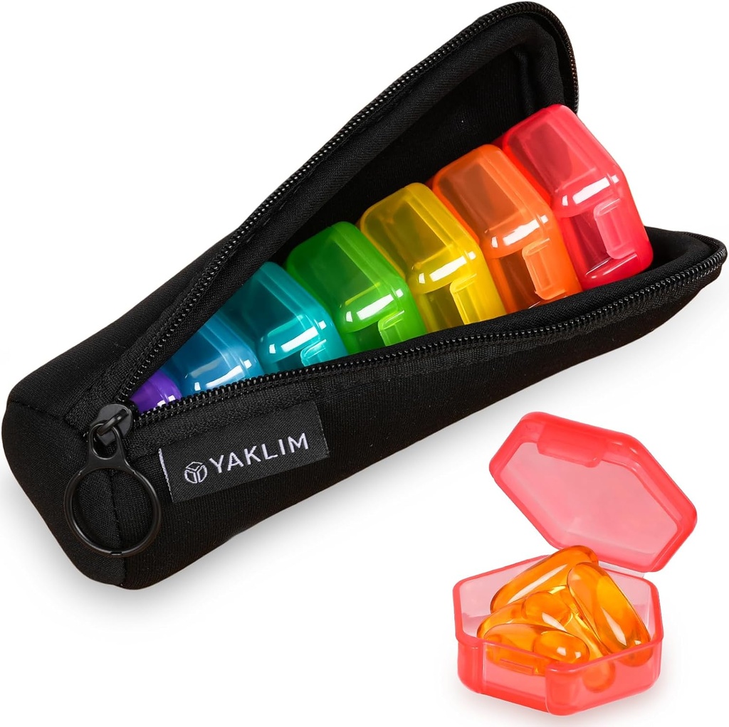 Petite boîte à pilules, 7 packs Travel Pill Case avec sac, Mini Pill Organizer pour la purée de poche, boîte quotidienne de vitamine de médecine portable, boîte à huile de poisson, boîte de supplément