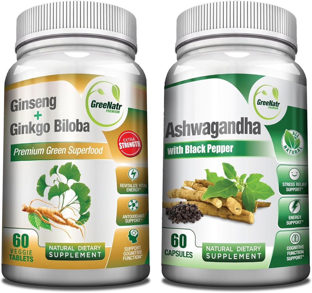 GreeNatr Premium Bundle for Holistic Well-Being: Capsules d'Ashwagandha bio, avec du poivre noir pour le stress, plus Ginseng + Ginkgo Biloba Tablets, un booster d'énergie traditionnel.