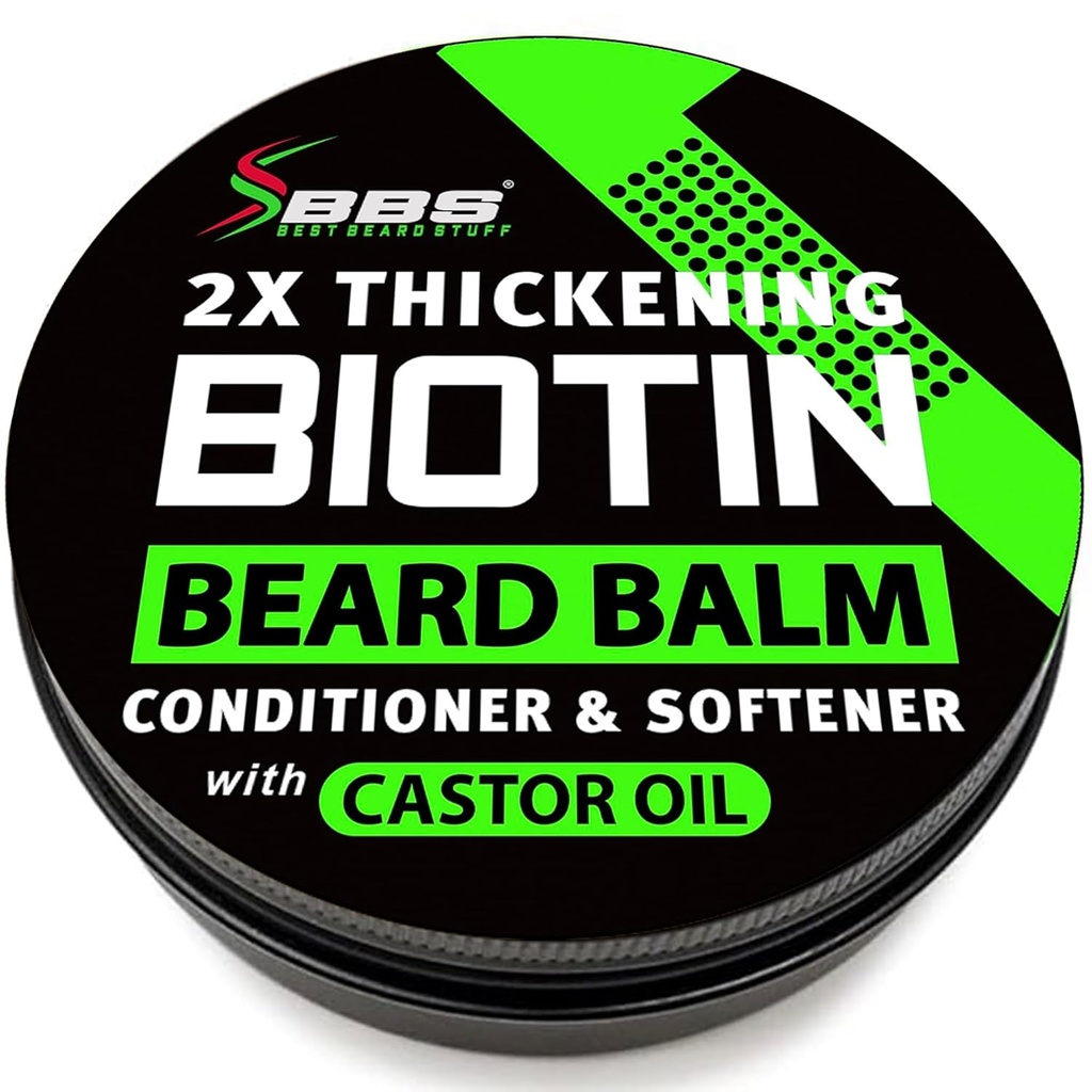 Baume de Barbe Biotine pour Homme - 2X Épaisseur pour la barbe et la moustache - cire de moustache biologique à l'huile de ricin et à la mousse de Meadow – Baume de croissance faciale hydratant et conditionneur de feuilles