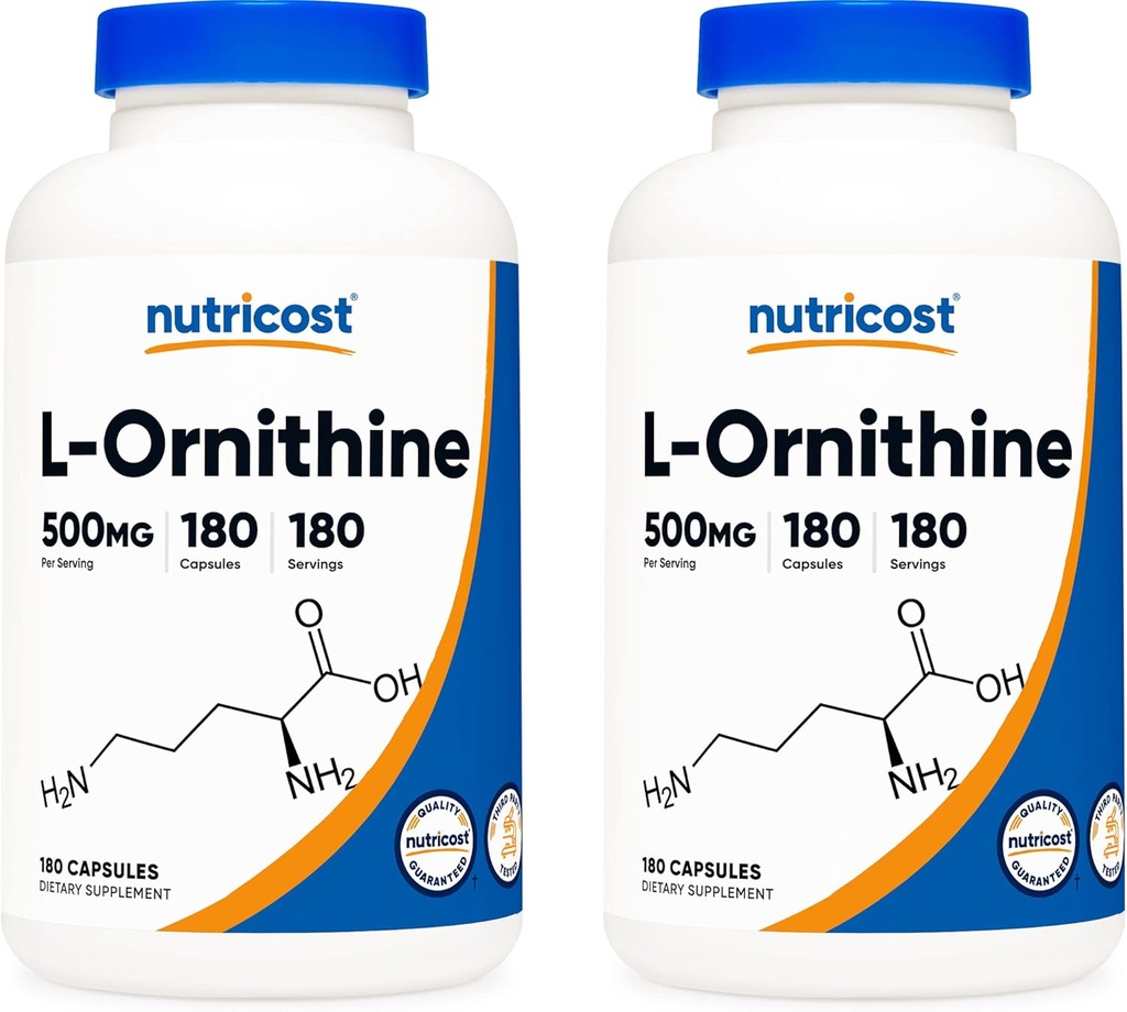 Nutricost L-Ornithine 500mg; 180 capsules (2 bouteilles)