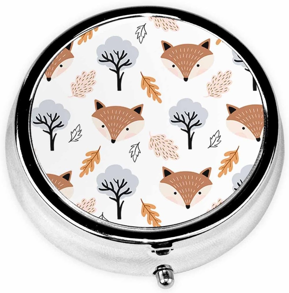 IBILIU Médecine Pill Case Fallual Mute Foxes and Leaves Portable Pill Box for Pocket Metal Medicine Vitamine Organizer 3 Compartiment