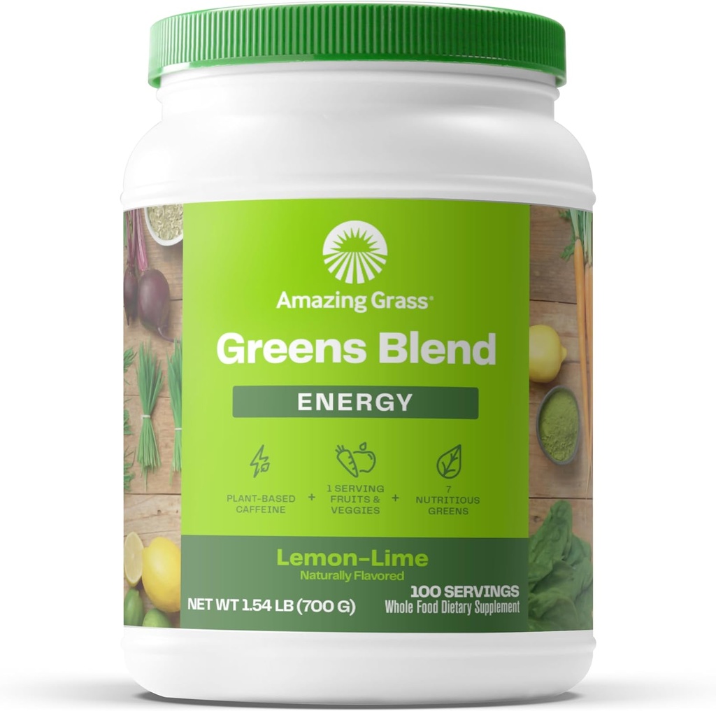 Amazing Grass Green Superfood Energy: Super Greens Poudre et caféine végétale avec thé vert, poudre de betterave et graines de lin, citron Lime, 100 portions (paquetage mai Vary)