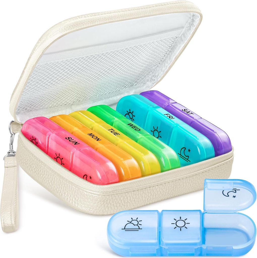 Organisateur de pilules mignon 3 fois par jour, Grand cas quotidien de pilule pour les femmes, Pill Box portable 7 jours pour la poursuite avec sac et zipper pour tenir les vitamines, médicaments, huiles de poisson, suppléments (Beige)
