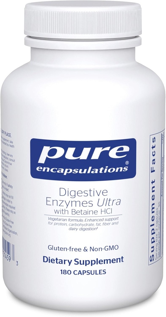 Encapsulations pures Enzymes digestifs Ultra avec HCl bétaïne - Supplément enzymatique digestif végétarienne pour soutenir la digestion des protéines, des glucides, des fibres et des produits laitiers* - 180 capsules