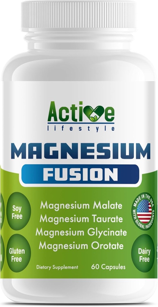 Active Lifestyle 4X Supplément de magnésium, Magnésium Glycinate, Taurat, Malate, Complexe d'orotate, Sommeil calme, Sans OGM, Sans gluten, Sans soja, Sans laiterie, Testé en laboratoire, Fabriqué aux États-Unis
