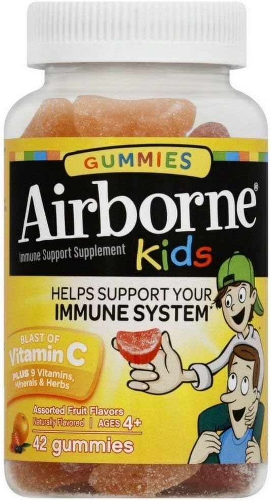 Airborne 500mg Vitamine C + Zinc Immune Supplément de soutien Gommies pour enfants, Arôme de fruits assortis, Mélange sans gluten fabriqué avec des antioxydants puissants Vitamines C & E, 42 Gommies (4 Pack)