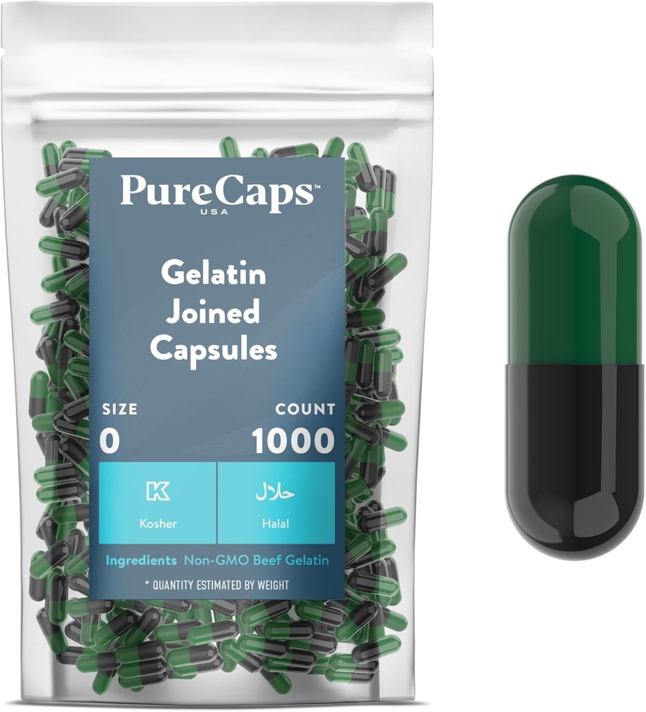 PureCaps États-Unis - Capsules de gélatine vides de taille 0.000 Pilules jointes Vert/Noir.