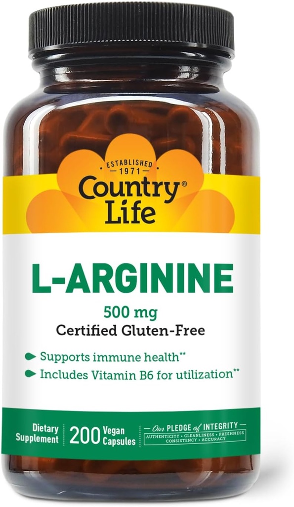 Country Life Caps L-Arginine avec vitamine B-6, 500mg, 200 Capsules Vegan, certifié sans gluten, certifié végétalien
