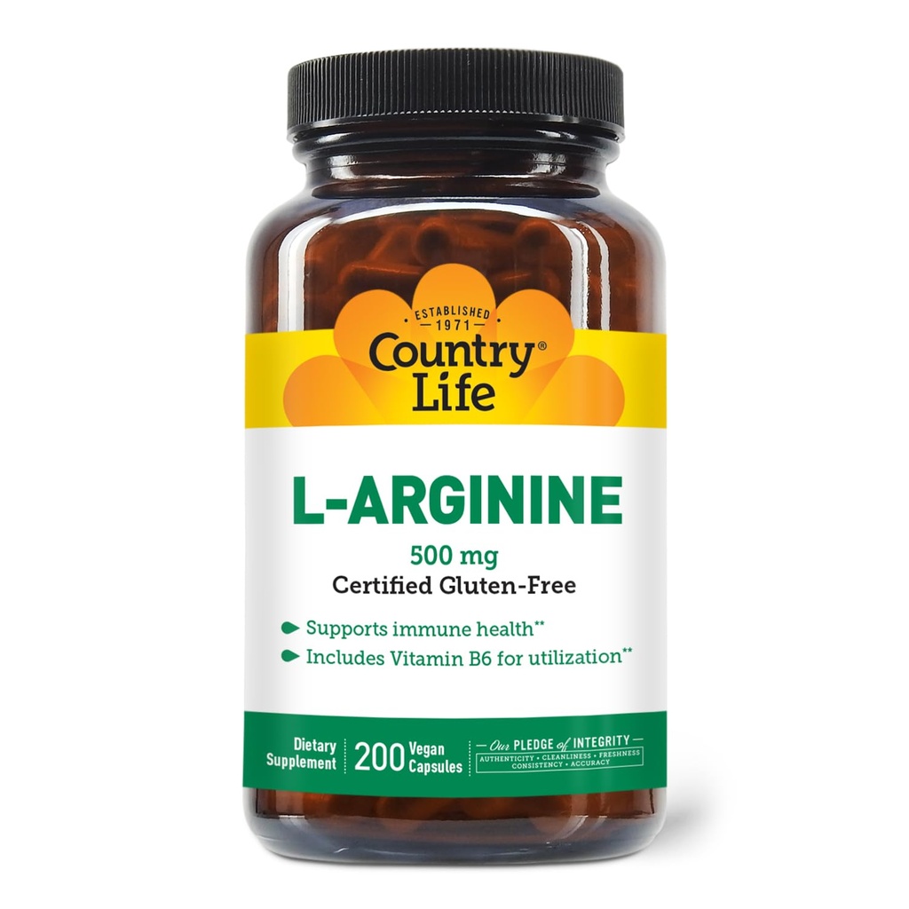 Country Life Caps L-Arginine avec vitamine B-6, 500mg, 200 Capsules Vegan, certifié sans gluten, certifié végétalien