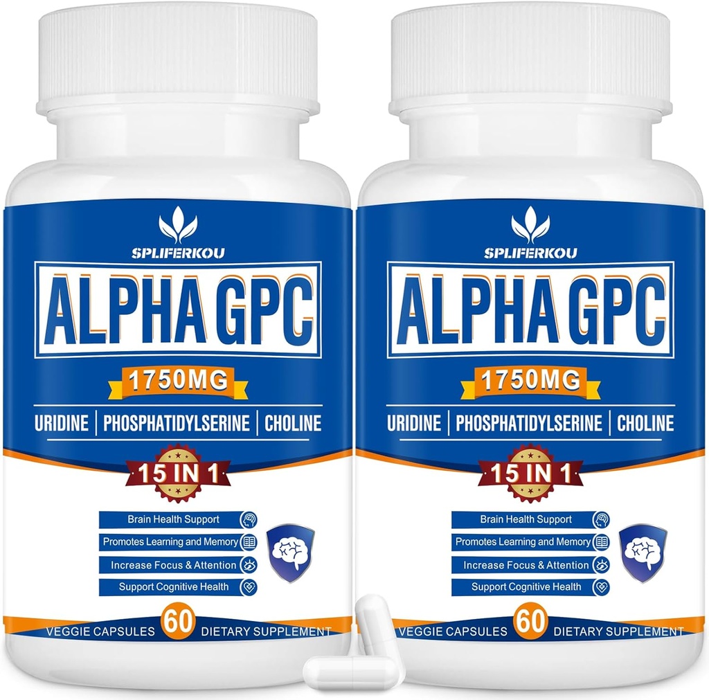 Supplément 15-en-1 Alpha GPC avec Phosphatidylsérine, Uridine, L-Theanine, Lion's Mane Mushroom, 120 Capsules