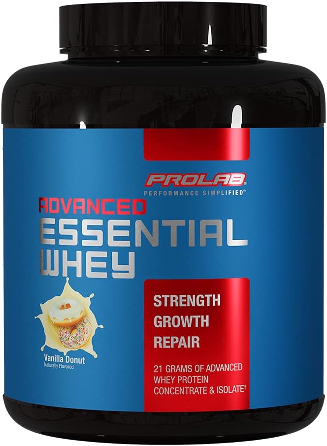 ProLab Advanced Essential Whey Protein Powder, Whey Concentrate & Isolate Blend, 21g Protein, BCAAs, enzymes digestives, soutien musculaire et récupération (Vanilla Donut)