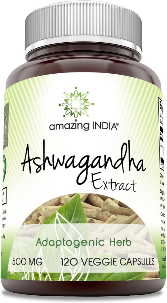 Inde incroyable Ashwagandha 500 mg Veggie Capsules Supplément -Fabriqué avec Ashwagandha naturel -Non-GMO - Sans gluten (120 Nombre)