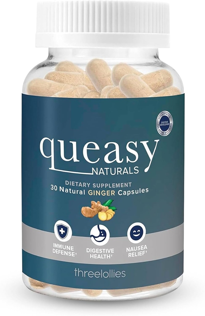 Trois Lollies Queasy Naturals Ginger Capsules - Supplément de Relief Nausées Non-Drowsy - Prévention de la maladie de mouvement et Relief Nausées pendant la chimiothérapie - 1000mg Racine de Ginger - 30 Caps
