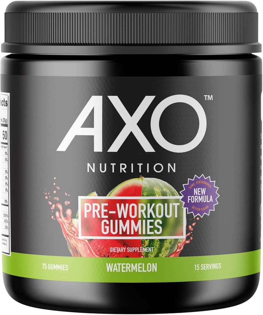 Gummées d'énergie avant l'entraînement, Saveur de pastèque, 75 Gummées, 1 Compte Caféine, Alpha GPC, B12, Picolinate de chrome, L-Theanine, Vegan, Non-OGM, Sans noix, Sans gluten