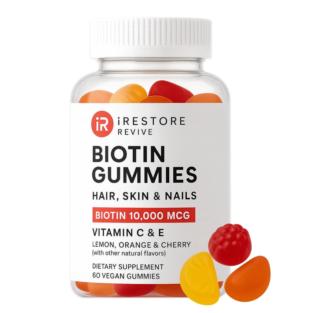 iRestore Biotin Gummies 10 000 mcg - 3 arômes de fruits naturels, Vitamines capillaires Multi Supplément pour la peau et les ongles de cheveux pour les femmes et les hommes, 60 Gommies végétaliens, 30 jours d'approvisionnement