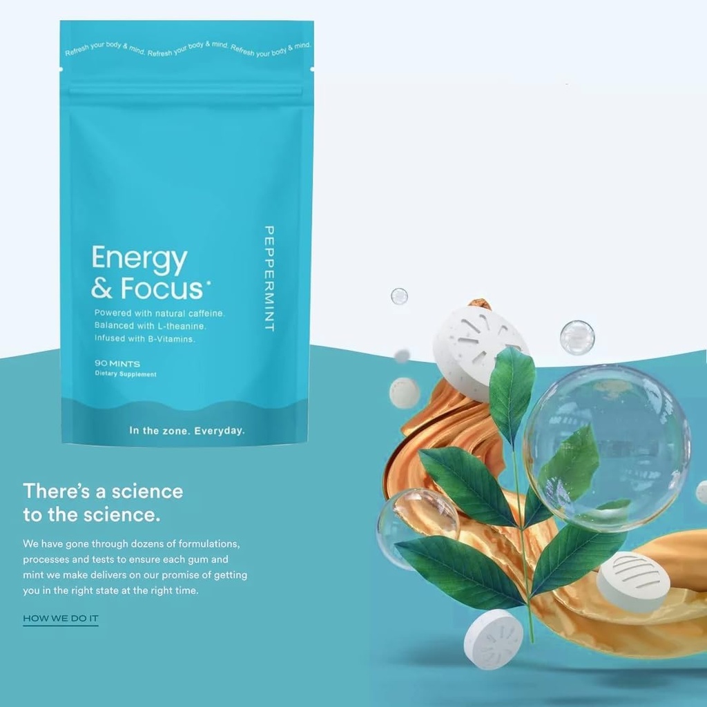 Menthes de caféine d'énergie (90), sans sucre, végétalien, sans gluten, menthe poivrée. Boosts Focus, Endurance avec L-Theanine, Caféine, B12 & B6. Agissant rapidement, Pocket-Sized pour une énergie rapide.