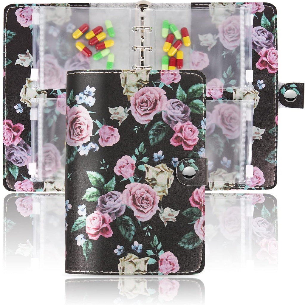 Hennaja Pill Organizer Book,Pill Pouches Sacs en plastique transparents Pill Travel Organizer Storage (1-Noir Rose)
