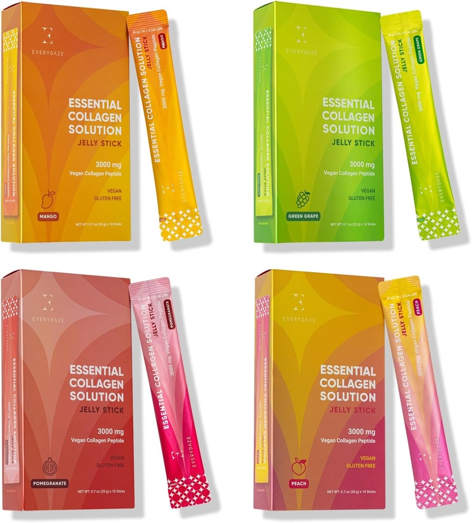 EVERYDAZE Solution de collagène essentiel Jelly Stick , 40 Variety Pack , Pêche, Mango, Raisin vert, grenade , Supplément de collagène végétalien peptide , cheveux, peau, ongles, santé osseuse pour les hommes et les femmes