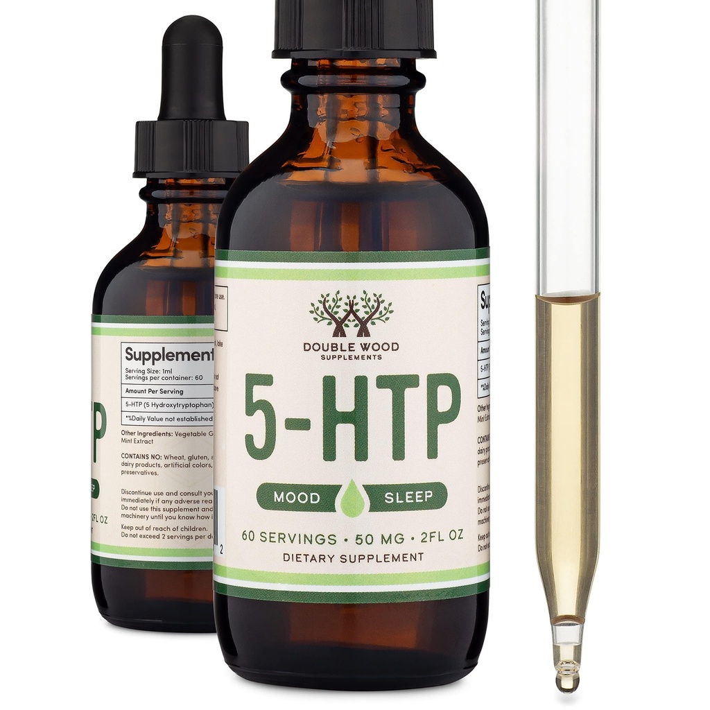 5HTP gouttes liquides - plus absorbant et efficace que 5 HTP Capsules (60 portions de 50mg 99 %+ 5-HTP) Supplément sérotonine pour l'humeur, le sommeil et la relaxation par double bois