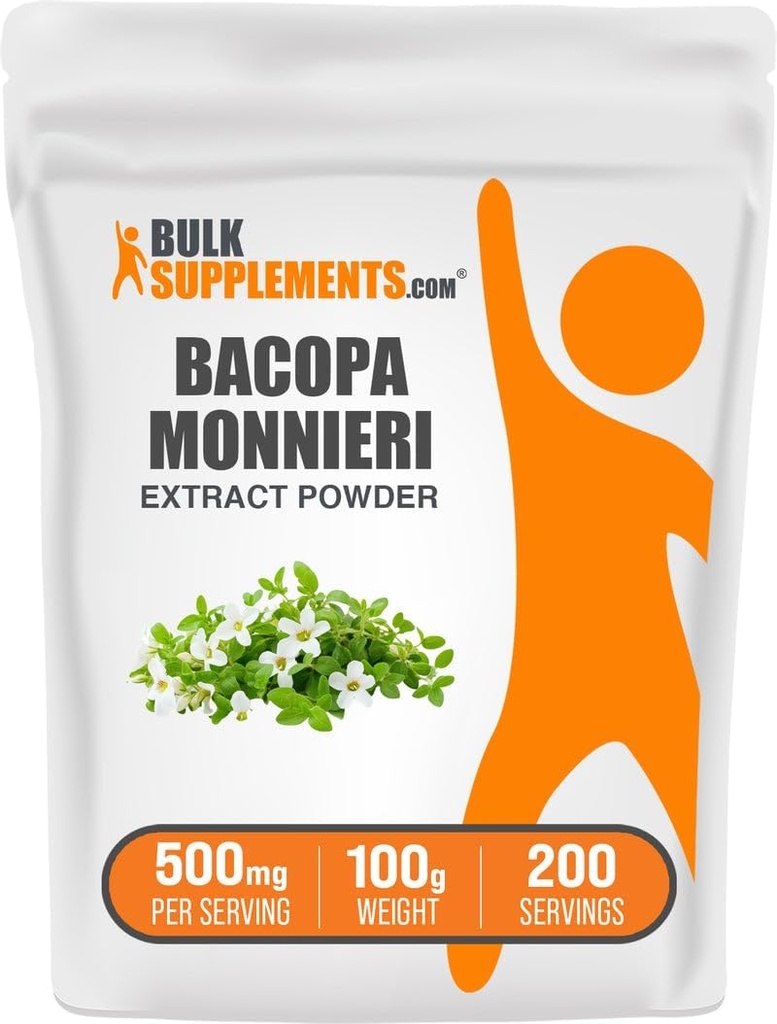 BulkSupplements.com Poudre d'extrait de Bacopa - Supplément de Bacopa Monnieri, supplément à base de plantes - Vegan & Gluten Free, 500mg par portion, 100g (3.5 oz) (paquet de 1)