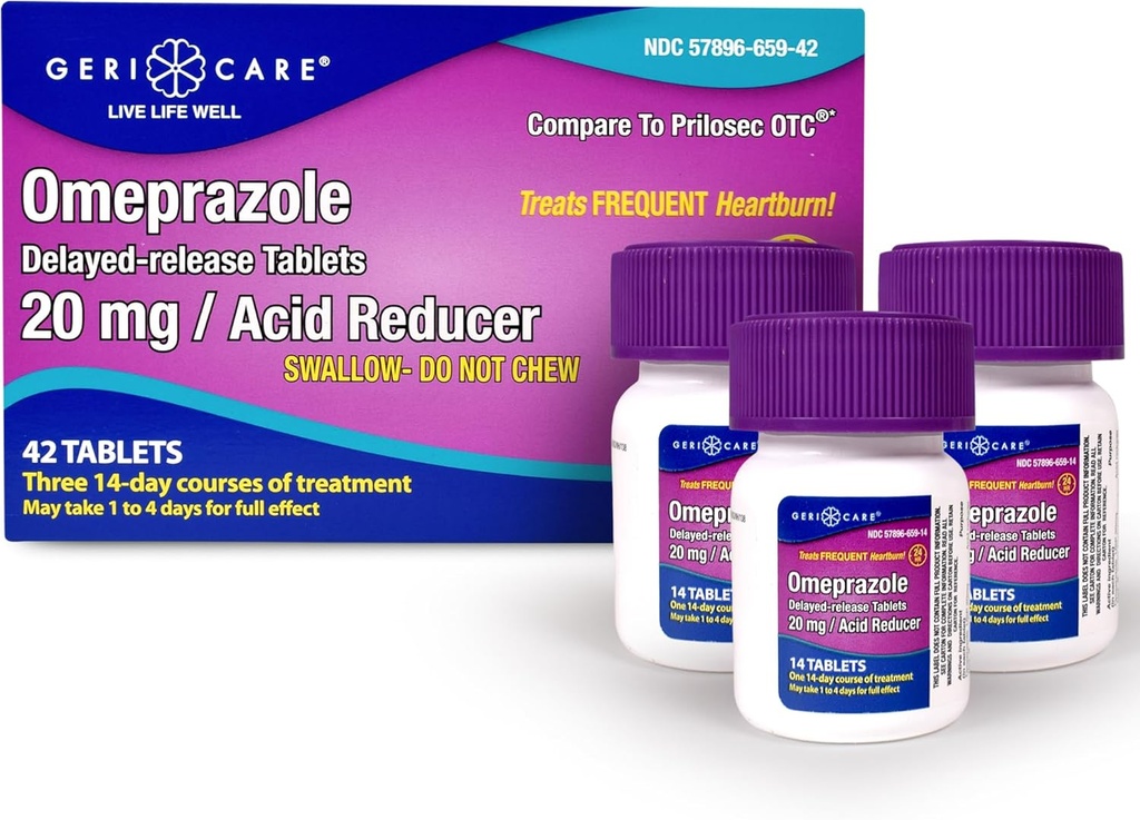 GeriCare Omeprazole Retard de libération Comprimés 20mg Réducteur d'acide stomach pilules pour 24 heures de soulagement des brûlures d'estomac- médicament de reflux acide pour traiter les brûlures d'estomac fréquentes- comprimés anti-acide de soulagement (42 Nombre)
