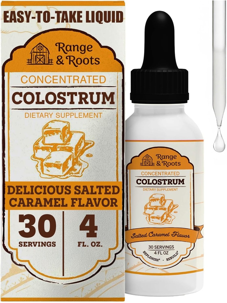 Gamme & Racines Supplément Colostrum - Bovin liquide Colostrum - Alternative à la poudre de colostrum - Soutien Gut santé, immunité, énergie - Cheveux sains, peau et ongles - Arôme caramel salé (30 portions)