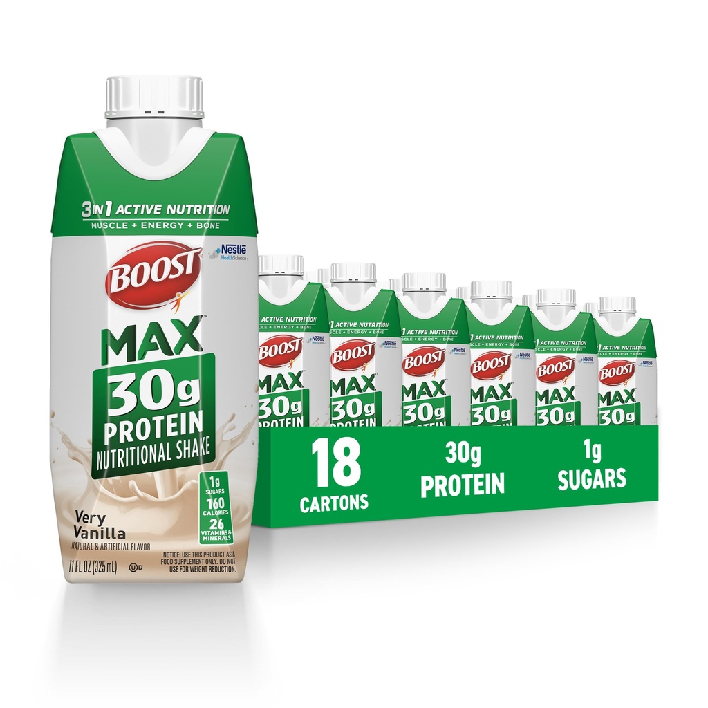 BOOST MAX Protein Shakes Ready to Drink - 30g High Protein Shake - Vanille de boissons nutritionnelles pour soutenir la récupération musculaire après l'exercice, 26 vitamines et minéraux, 1g de sucre, 11 fl oz (paquet de 18)