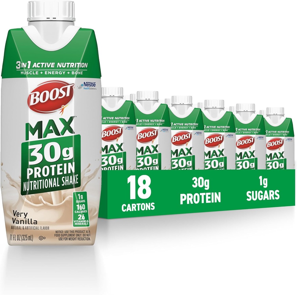 BOOST MAX Protein Shakes Ready to Drink - 30g High Protein Shake - Vanille de boissons nutritionnelles pour soutenir la récupération musculaire après l'exercice, 26 vitamines et minéraux, 1g de sucre, 11 fl oz (paquet de 18)