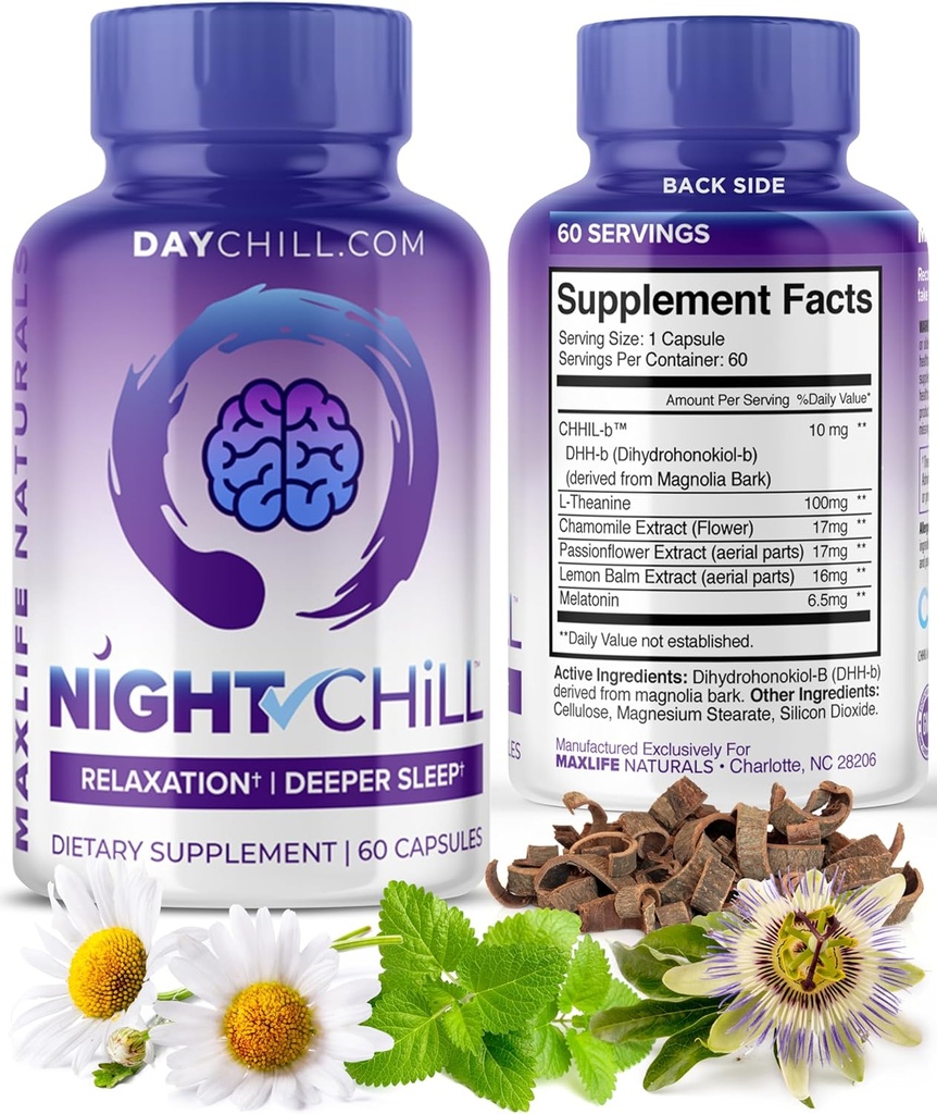 Supplément de sommeil de nuit – 60 Capsules - Soutien de sommeil reposant avec DHH-B de Magnolia Bark et supplément L-Theanine - Stress Calme Mood Support - Pilules de sommeil pour adultes par MaxLife Naturals